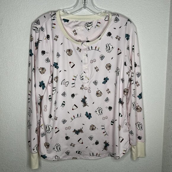 Kate Spade Pajama Set Womens M Henley Jogger Pink Winter Dog Print Top Pants - Picture 2 of 16